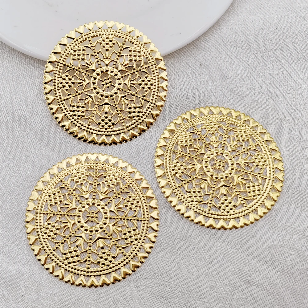 10 Pcs 60mm Metal Crafts Decoration DIY Accessories Round hollow pattern Base Charms Filigree Wraps Flower Connectors