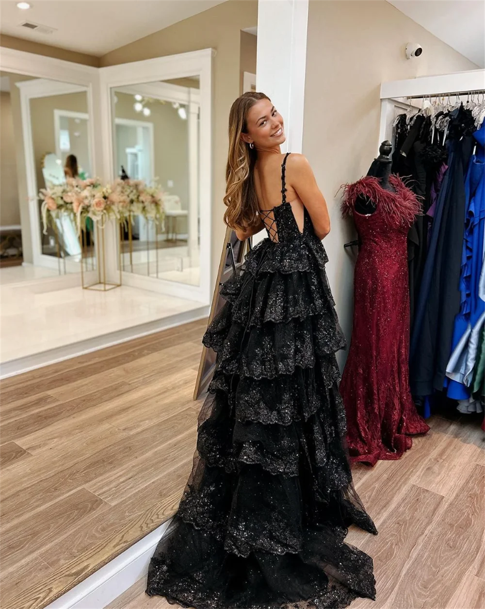 Jessica Black Glitter Graduation Prom Dresses Tulle Layering Sexy Side Slit Evening Dresses Party Dresses 2024Wedding Dress