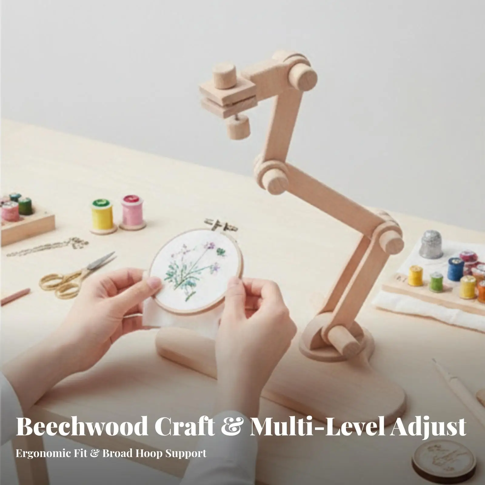 Foldable Embroidery Stand with Instruction Manual and Pin Minders for Hoops Up to 21cm Beech Wood