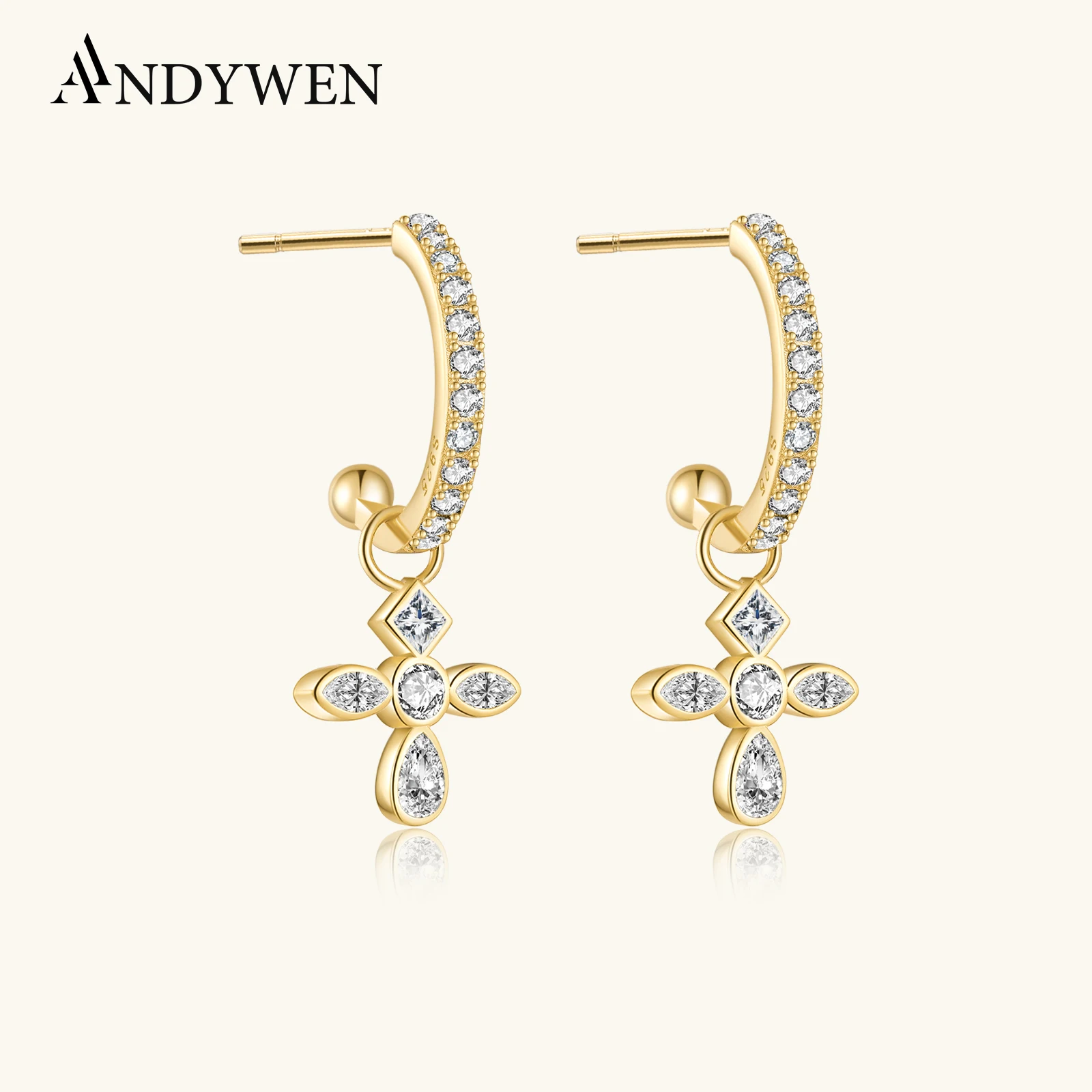 

ANDYWEN 925 Sterling Silver Spring Gold Clear Zircon Charm Cross Rainbow Drop Earring Gift Jewelry 2023 Fine Jewellry Clip