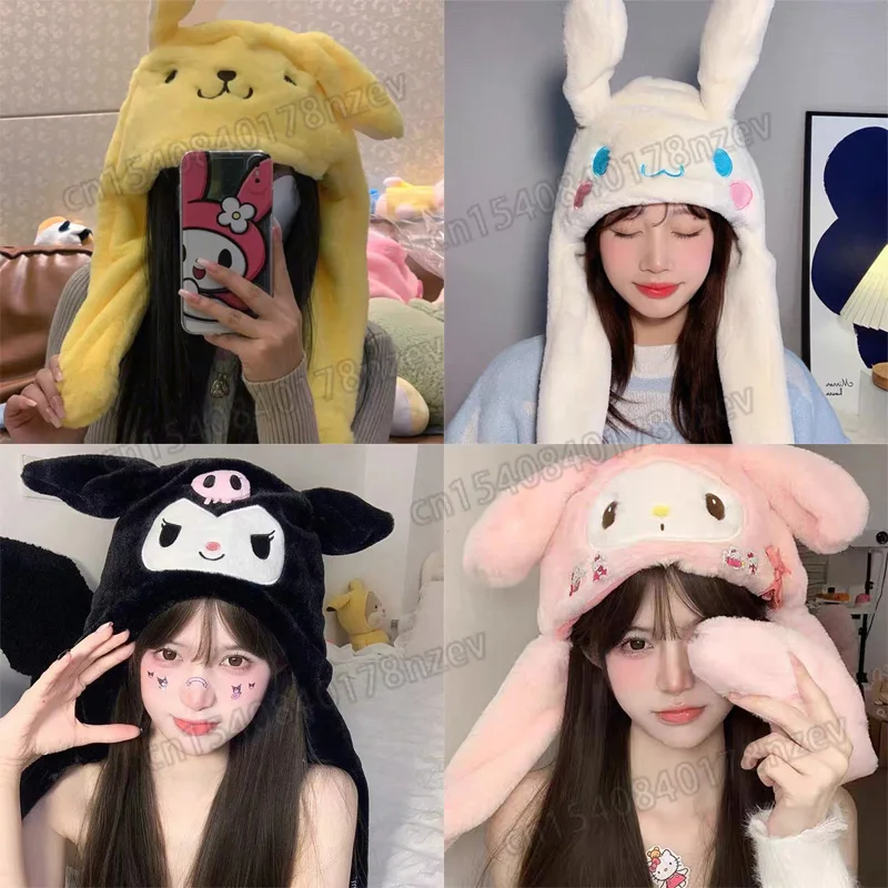 Lucu Sanrio melompat topi Kawaii Cinnamoroll My Melody Kuromi telinga topi bergerak untuk gadis manis lucu mainan mewah topi pesta hadiah