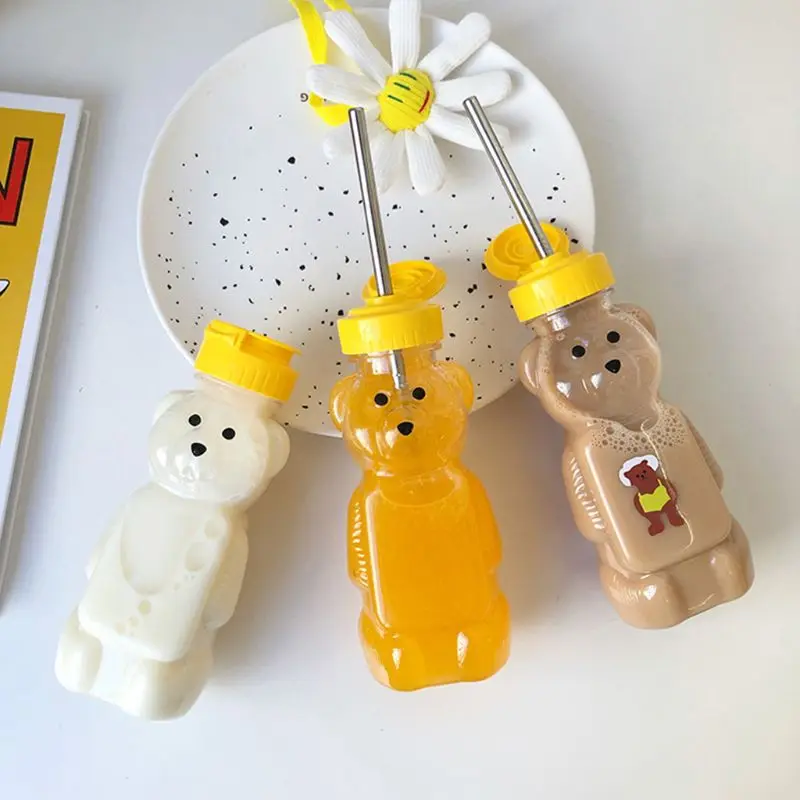 Lovely Cartoon Bear Straw Cup Water Bottle with Lid Leakproof Children Festival Gift 250ml Home Travel Couples  plastic drinking