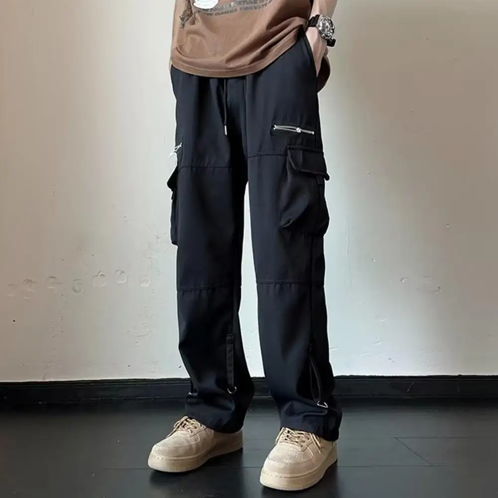 Straight Leg Pants Flattering Leg Shape Pants Streetwear Men's Cargo Pants Loose Fit Zipper Pockets Elastic Waist Breathable