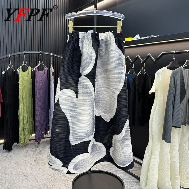 

YFPF Fashion Miyake Pleated Skirt For Women Printing Contrast Color A Line Long Skirts Casual 2025 New Clothing