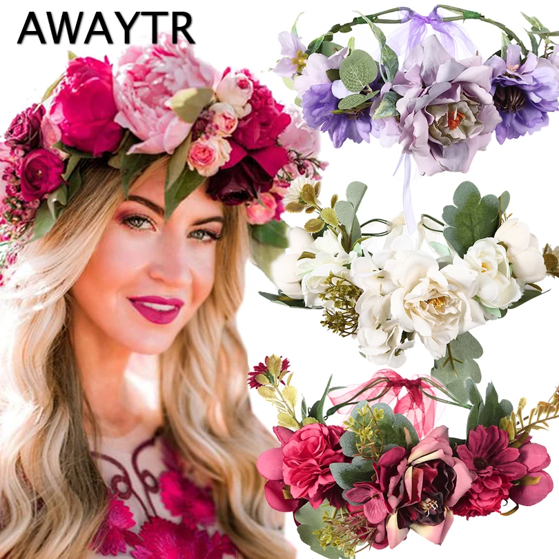 AWAYTR Bridal Garland Daisy Floral Crown Wedding Flower Headband Beach Wreath Hairbands Girls Hair Accessories Women  Head Hoop