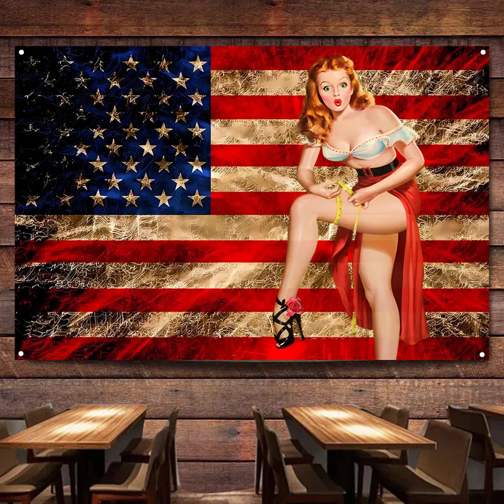 Vintage American Flag with Sexy Pin Up Girl Wall Art Posters & Prints Tapestry Hanging Banner Pub Beer House Room Office Decor