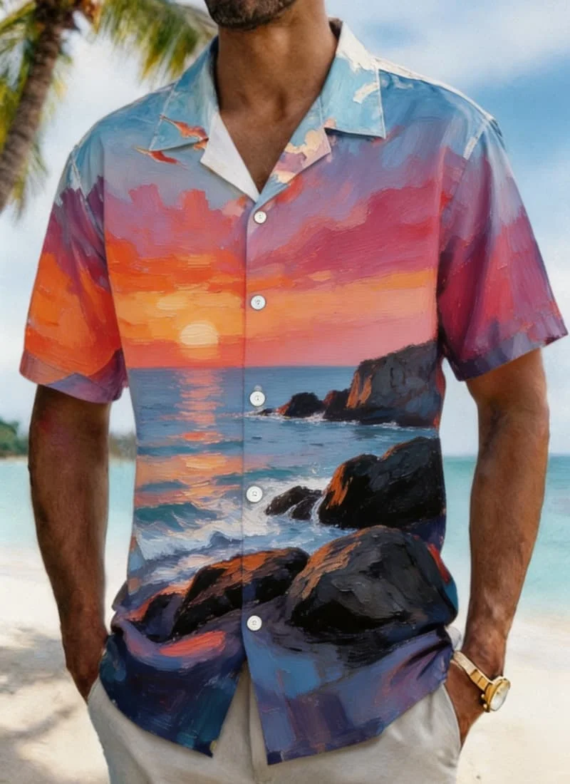 Men's oil painting style tropical landscape printed shirt, suitable for summer vacation, beach travel, and casual wear