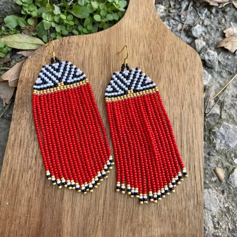 

2025 Handmade Bead Earrings Red Bohemia Geometry Triangle Tassels Creativity Hand Weaving Beaded Earrings For Women