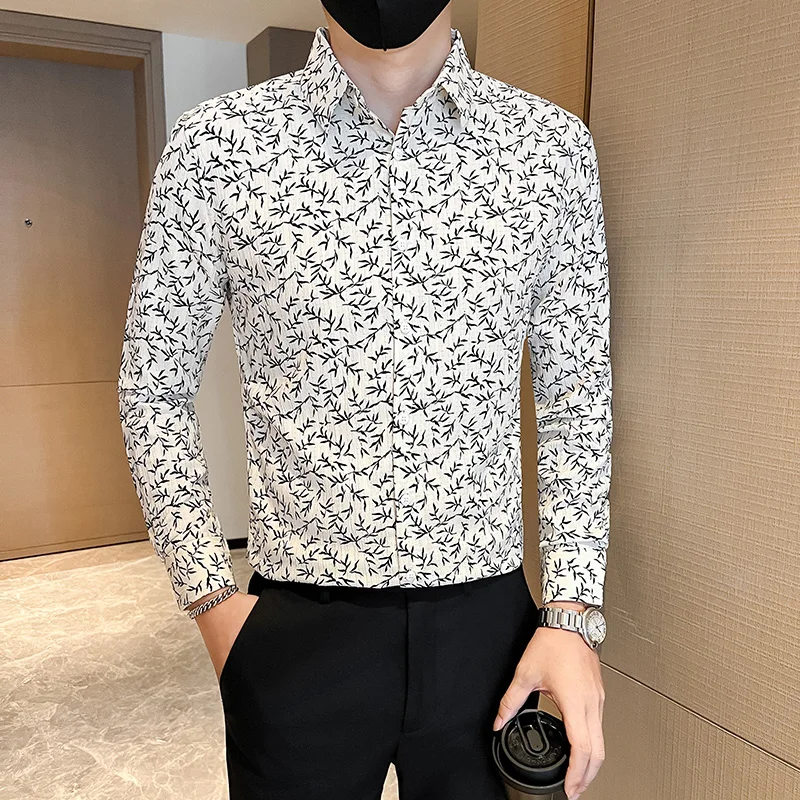 Autumn Winter Floral Shirt for Men Fashion Slim Fit Casual Shirts High Quality Business and Social Street Wear Men's Clothing