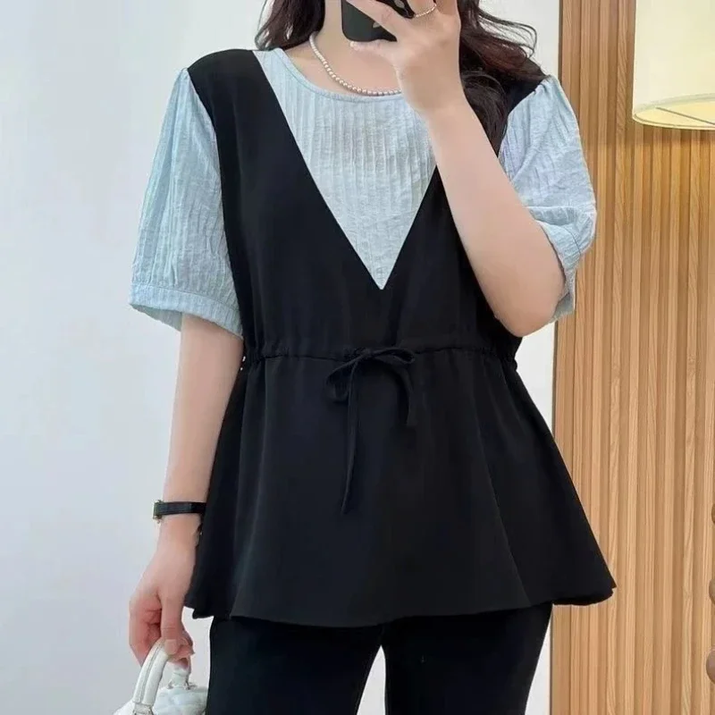 O-neck Contrast Patchwork Drawstring Vintage Blouse Women Clothing Short Sleeve Loose Casual Shirt Tops Fashion Office Summer