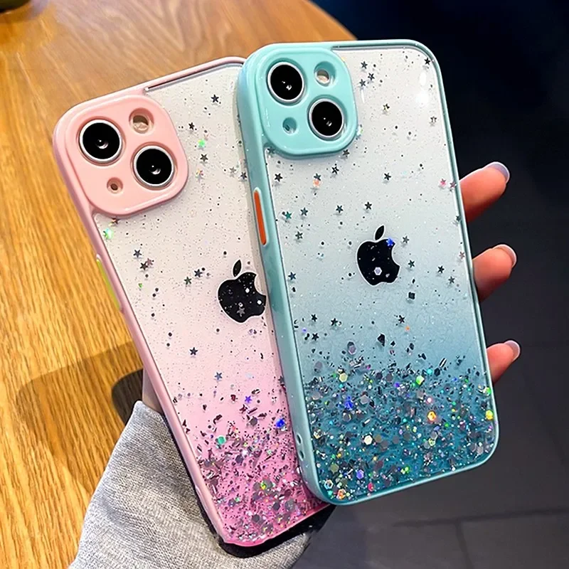 Luxury Bling Glitter Transparent Case For iPhone 16 15 14 11 12 13 Pro Max XS X XR Plus Mini Shockproof Cases Cover