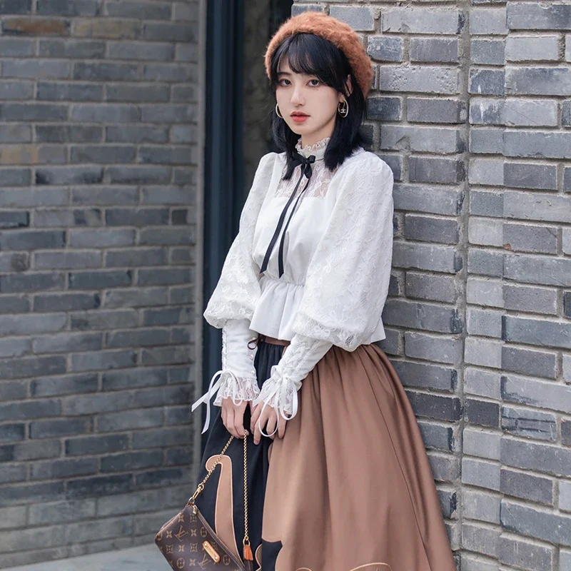 Original Lamb Leg Sleeve Lace Splicing Bow Lolita Inside Shirt Women Socialite Style Spring Autumn Long-sleeved Vintage Blouses