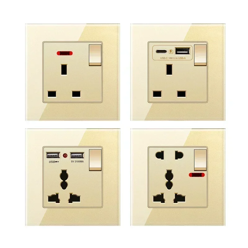 Gold Universal Tempered Glass Wall Socket,UK 13A power outlet with USB Type C 18W Quick Charge,Home Light Electric Switch Panel
