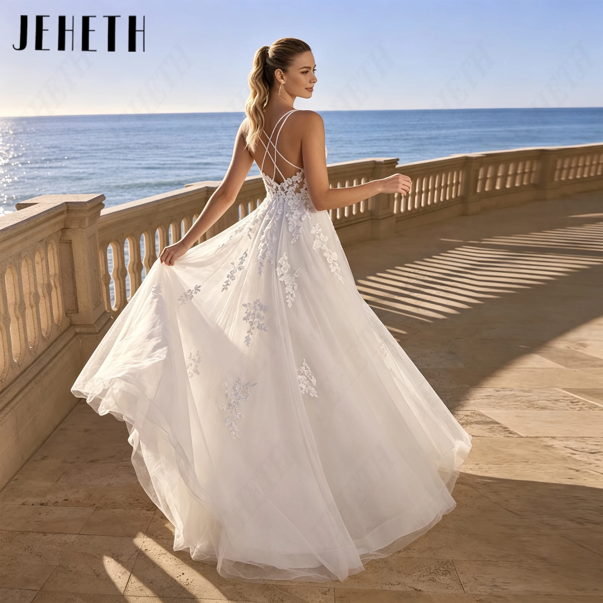 JEHETH Bohemian Lace Applique Civil Wedding Dresses A-Line Spaghetti Straps Backless Bride Gowns V-Neck Tulle Personalized