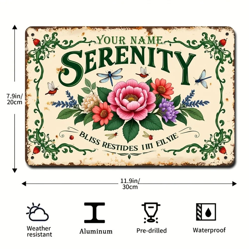1pc Antique Rustic Border Serenity Peaceful Floral Custom Name Metal Wall Sign Balcony Outdoor Decoration (Only For Decoration)