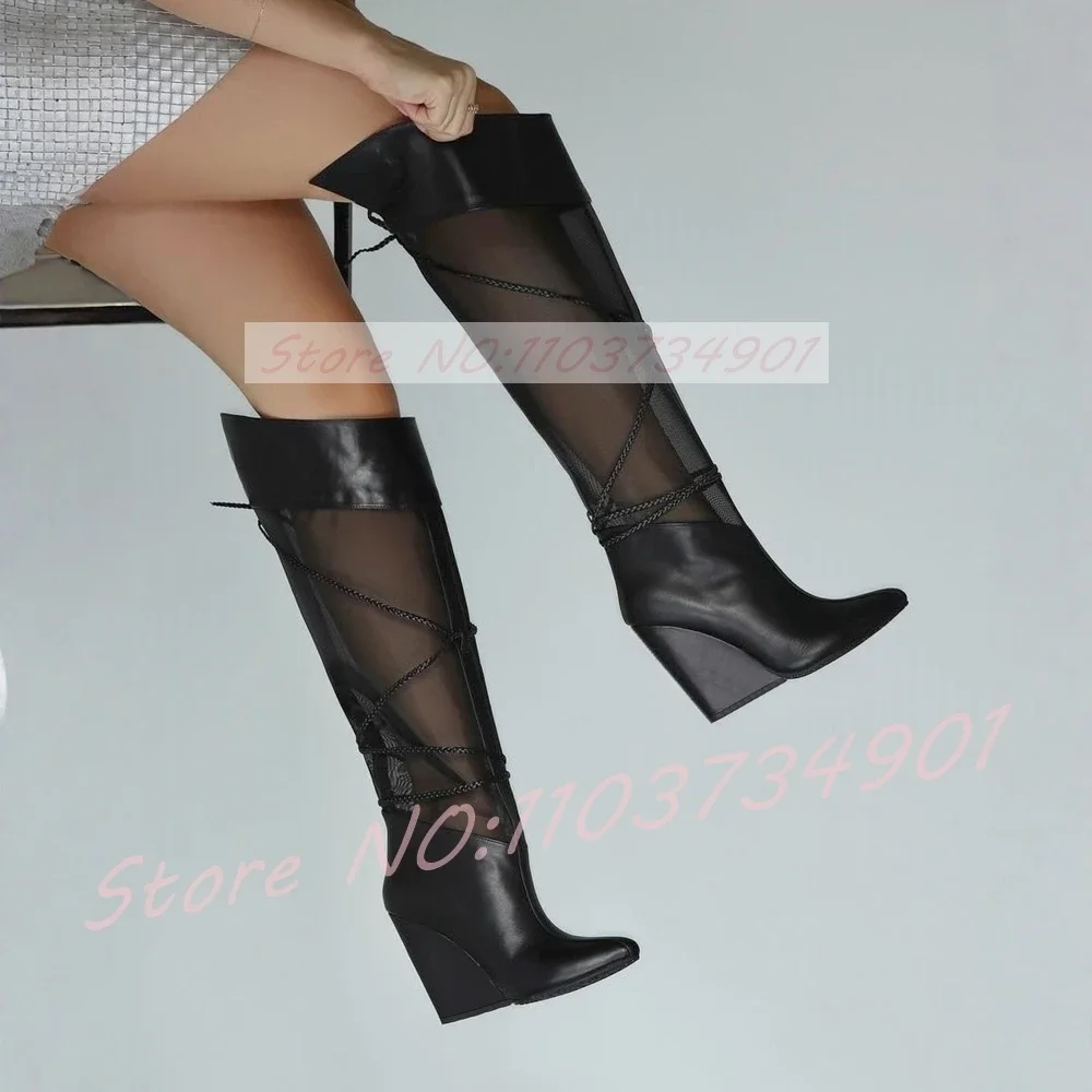 Mesh Braided Cross Strap Knee High Boots Women Wedge High Heels Black See-through Pointed Toe Boots Female Nightclub Party Boots