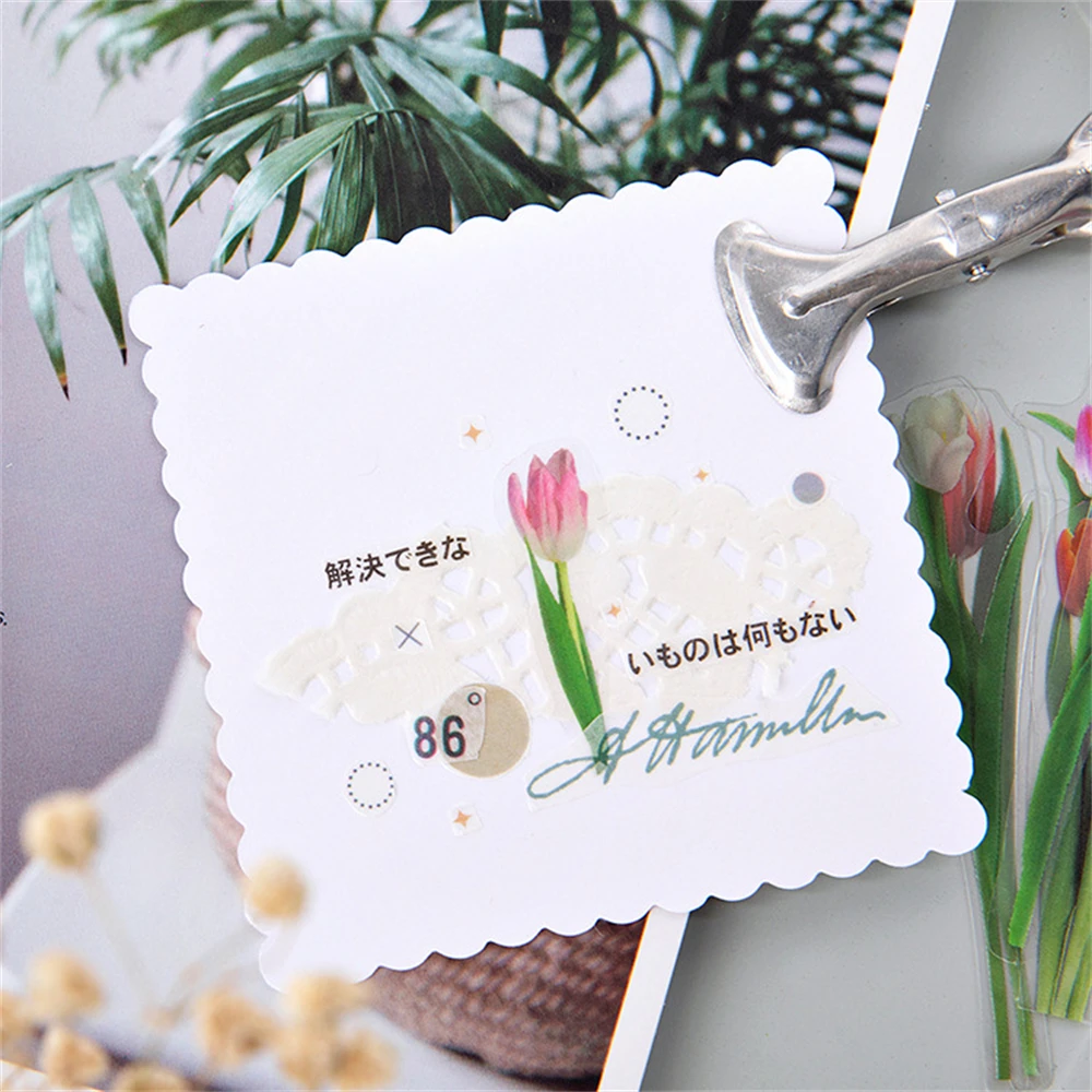 40Pcs/Lot Elegant Flower Series Stickers PET Transparent Scrapbook Phone Decoration Decals DIY Material Waterproof Sticker Gifts