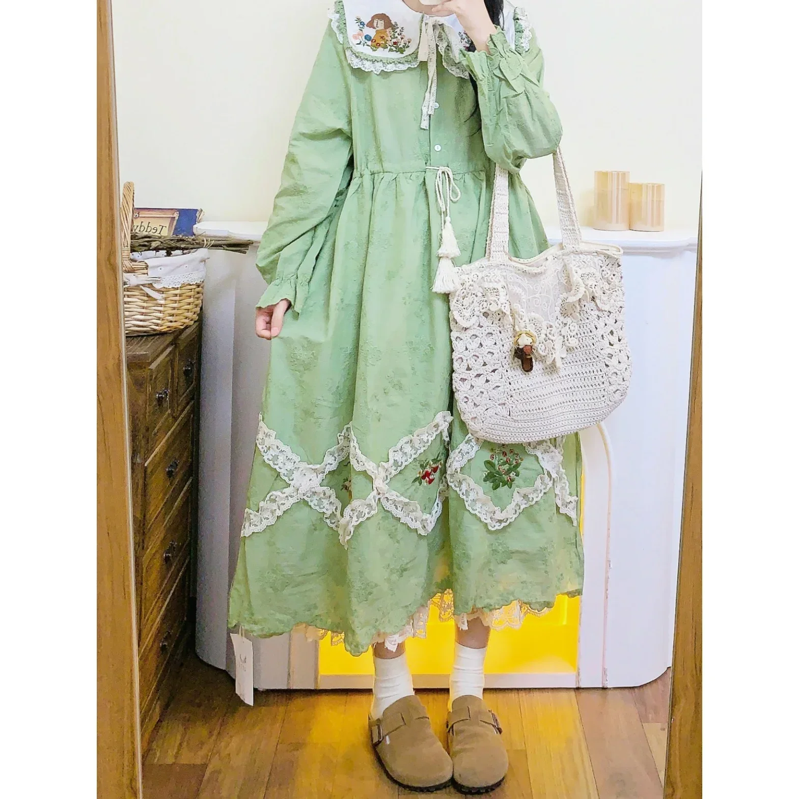 

Vintage Rococo Cotton Ruffled Lace Floral Embroidery Green Long Dress Women Cottagecore Victorian Kawaii Mori Girl Midi Dress