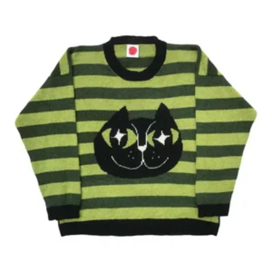 

Женский вязаный свитер в стиле ретро с зеленым котом, круглый вырез, длинный рукав, модный инновационный стиль, осенний топ