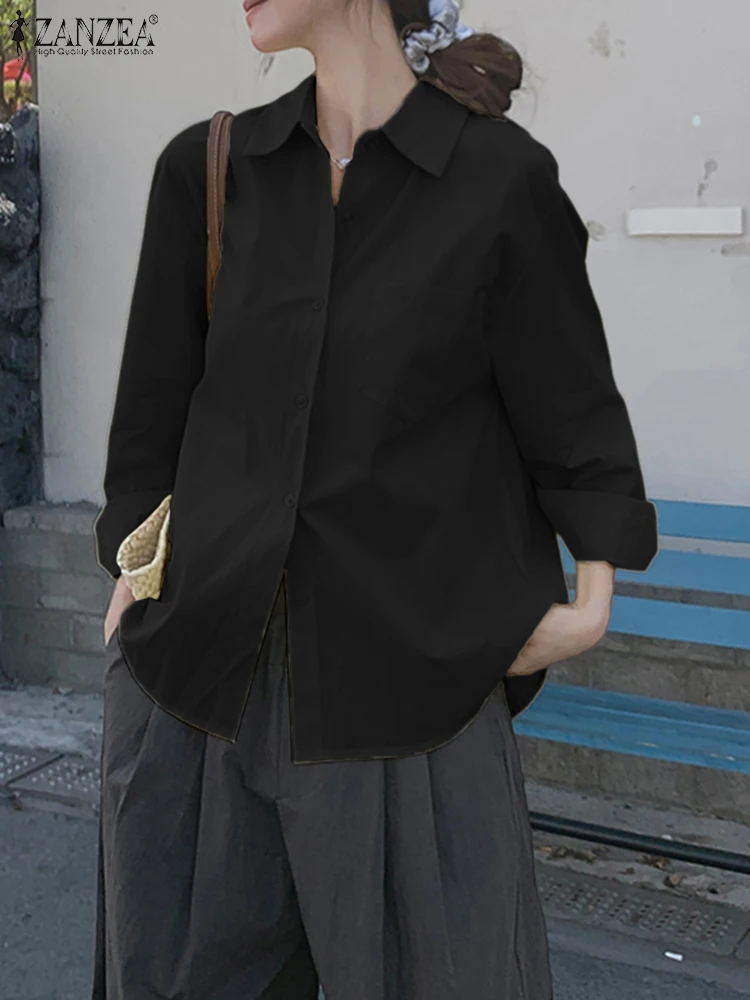 Zanzea outono moda camisas femininas sólida ol blusa de trabalho botões casuais blusas 2025 elegante lapela pescoço manga longa topos oversize