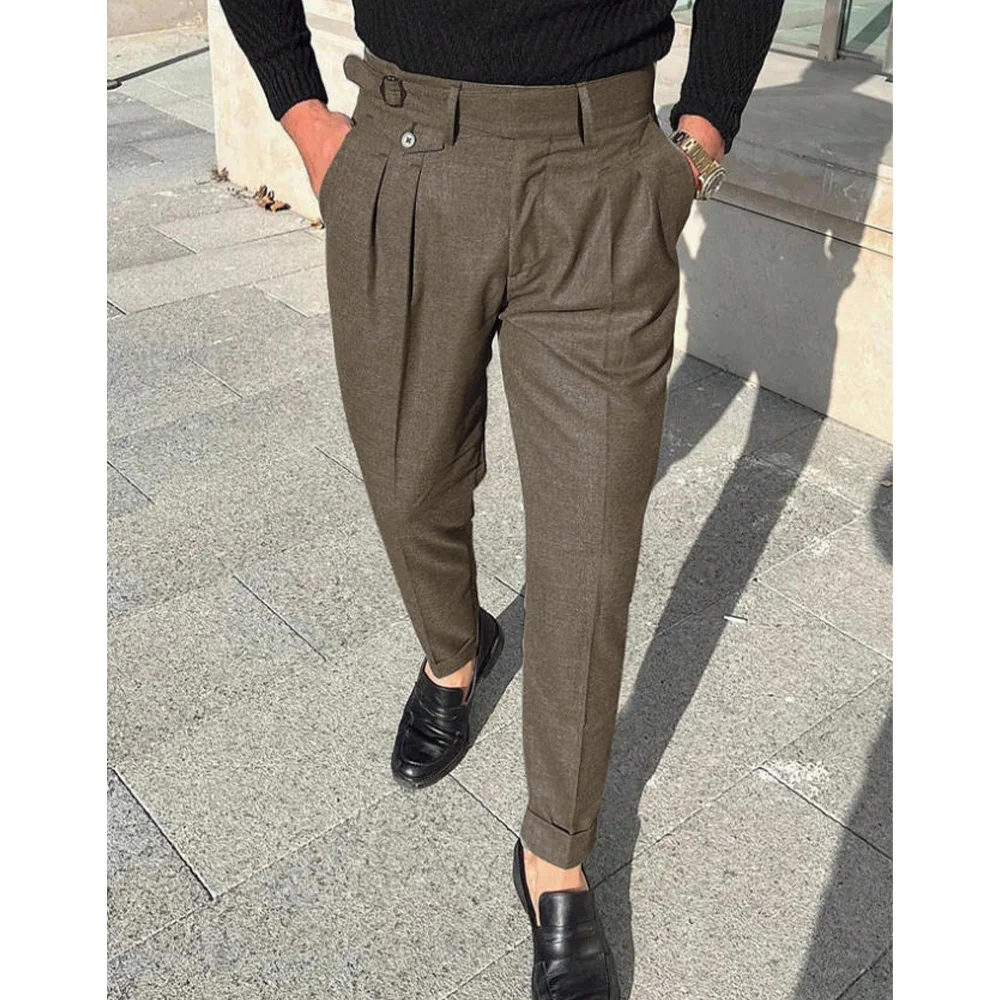 

Mens Chino Trousers Pleated Straight Leg Flat Front Side Adjusters Classic Business Office Pants Solid Color Formal Work Wear Bo