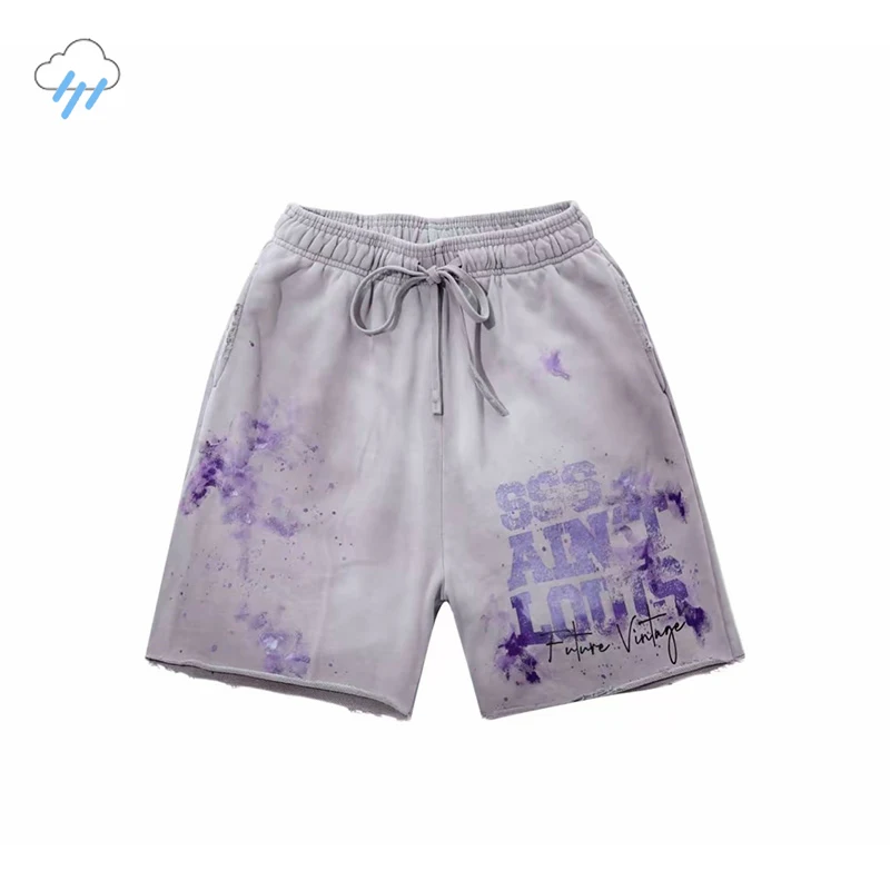 

2024 Summer Streetwear Speckled Ink Graffiti Saint Louis Shorts Men Women Drawstring Oversized Vintage Washed Gray Breeches