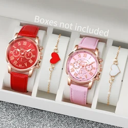 4PCS Fashion Women Watches Simple Roma Dial Quartz Watch Ladies Leather Band Wristwatches Heart Bracelets Set（Without Box）