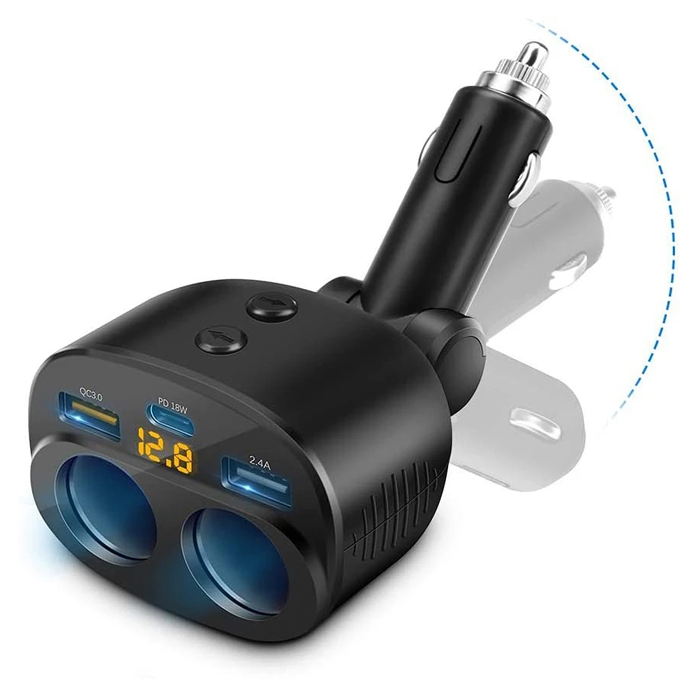 Car Charger QC 3.0 2 Sockets Splitter Adapter Dual USB PD 18W with LED Voltage Display for Car Phone GPS Dash