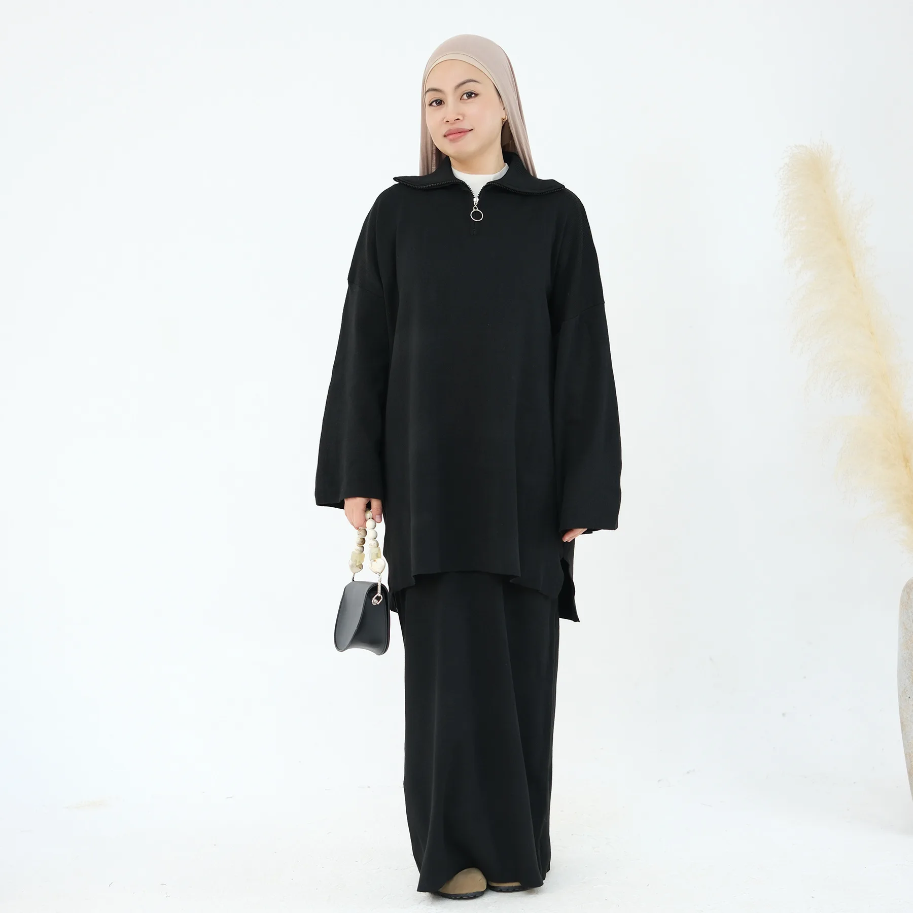 Women 2 Piece Set Modest Muslim Warm Knit Zip Pullover Sweater Long Skirt Autumn Winter Outfits Islam Clothing Dubai Abaya Dress