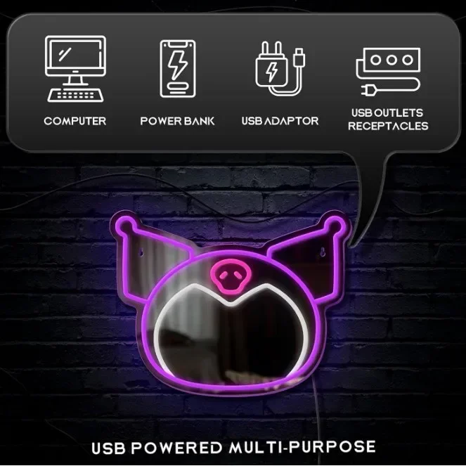 Sanrio Kuromi Cartoon Mirror Neon Bedroom Kuromi Makeup Mirror Decorative Light Acrylic Mirror Girl Gift Night Lights Wall Decor