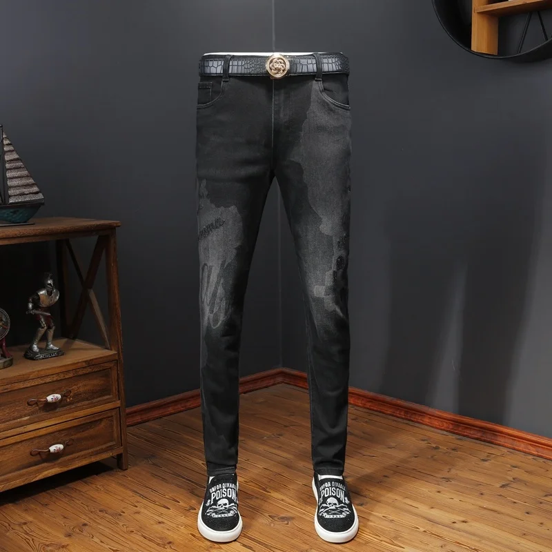 

Youth Faion Printed Denim Jeans Elastic Casual Long Pants Slim Fit Bootcut Trendy Cotton Stretch Denim Ci Sle Winter Wear