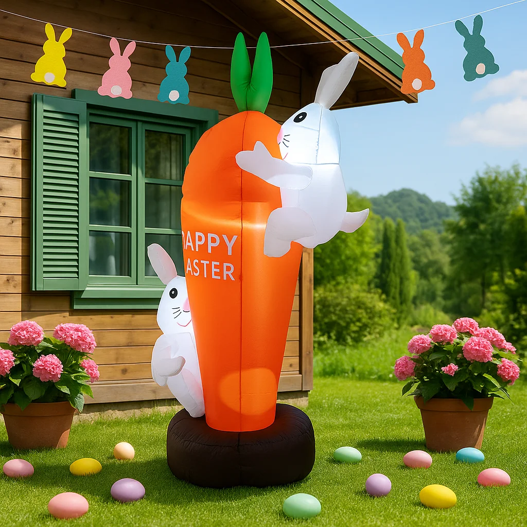 Outdoor Holiday Decorations 1.8M/6FT Happy Easter Inflatable Rabbit Holding Oversized Carrot LED Lights Model Garden Decor