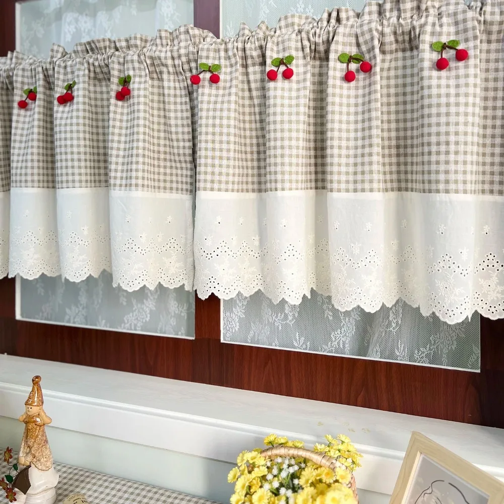 Cortinas de cenefa cortas de cereza estilo rústico americano, media cortina de café Vintage a cuadros clásicos para cocina, Den, fregadero