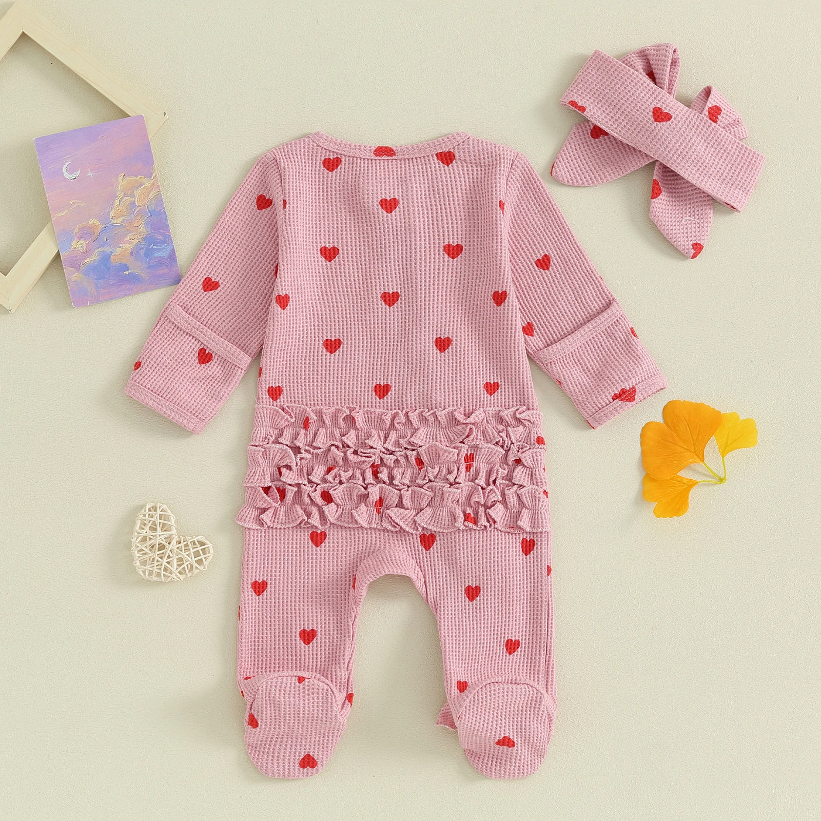 Sweety Baby Girls Valentine\'s Day Jumpsuit Long Sleeve Heart Print Ruffle Zipper Romper with Headband Waffles Playsuits Outfits