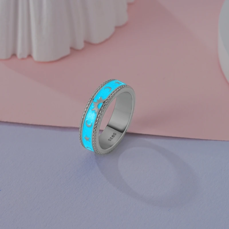 オリジナル 925 スターリングシルバー発光スタームーンリング女性ガールズジュエリー誕生日記念日ギフト