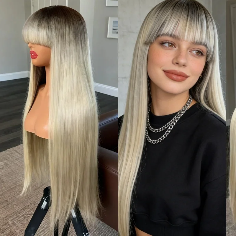 

Женский парик омбре, цвет платиновый блонд с оттенками серого, синтетический, с HD-кружевом спереди, с челкой, естественная линия волос, для косплея, повседневной носки, вечеринок, 28 дюймов