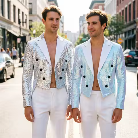 2026 New Men Luxury Sequined Tuxedo Suit Double Breasted Coat White / Silver Fashion Singer Stage Performance Blazers
