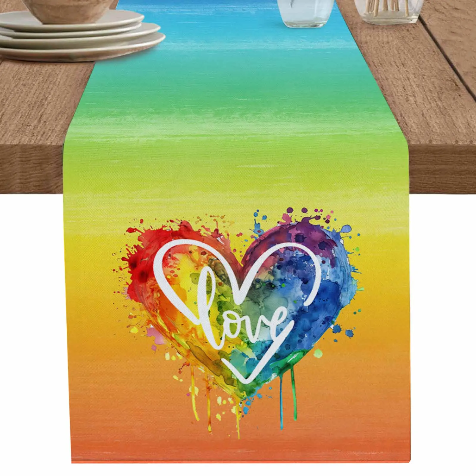 

Love Heart Rainbow Gradient Linen Cotton Table Cloth Decoration For Home Wedding Christmas Party