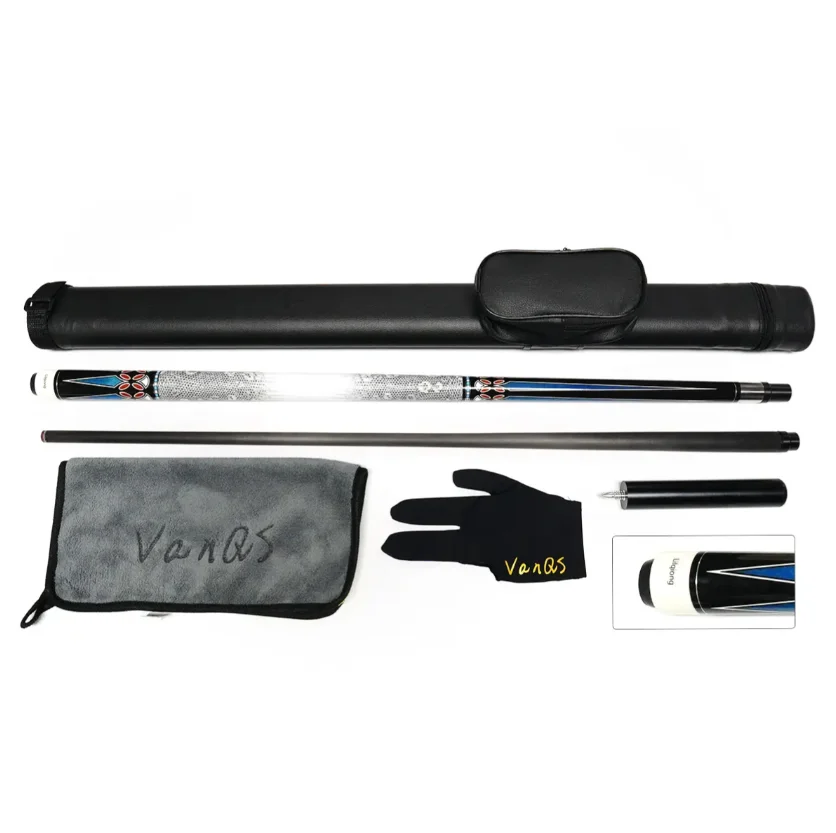 Carbon fiber shaft billiard pool cue with extension 58 inch 12.5mm tip with cue bag and glove and stick cleaning cloth