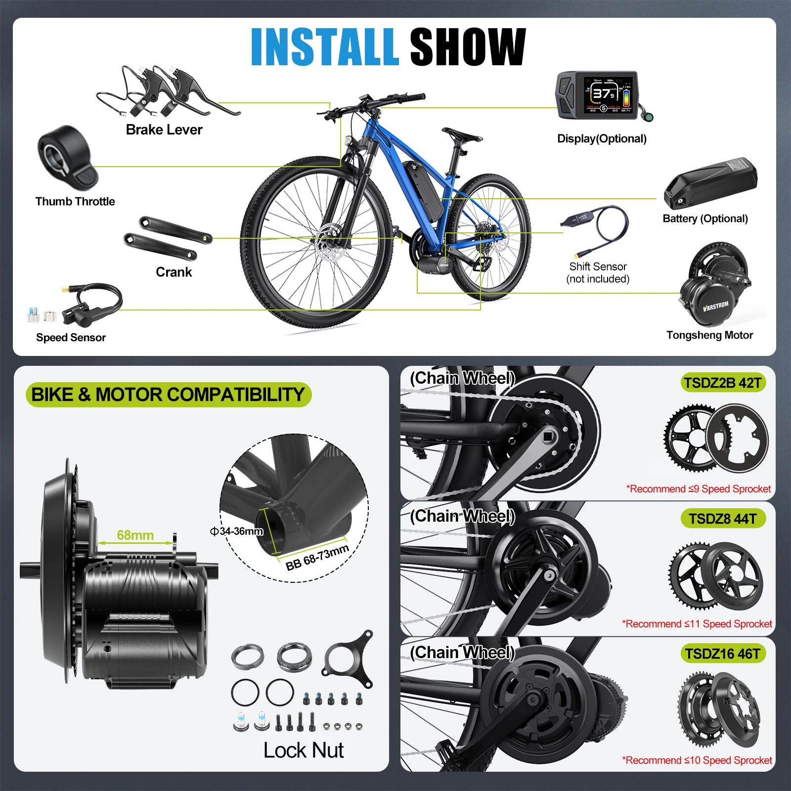 Zestaw silnika Tongsheng TSDZ8 750W TSDZ16 1000W, silnik centralny z czujnikiem momentu obrotowego, silnik rowerowy, zestaw do konwersji roweru elektrycznego, eBike BB 68-73mm