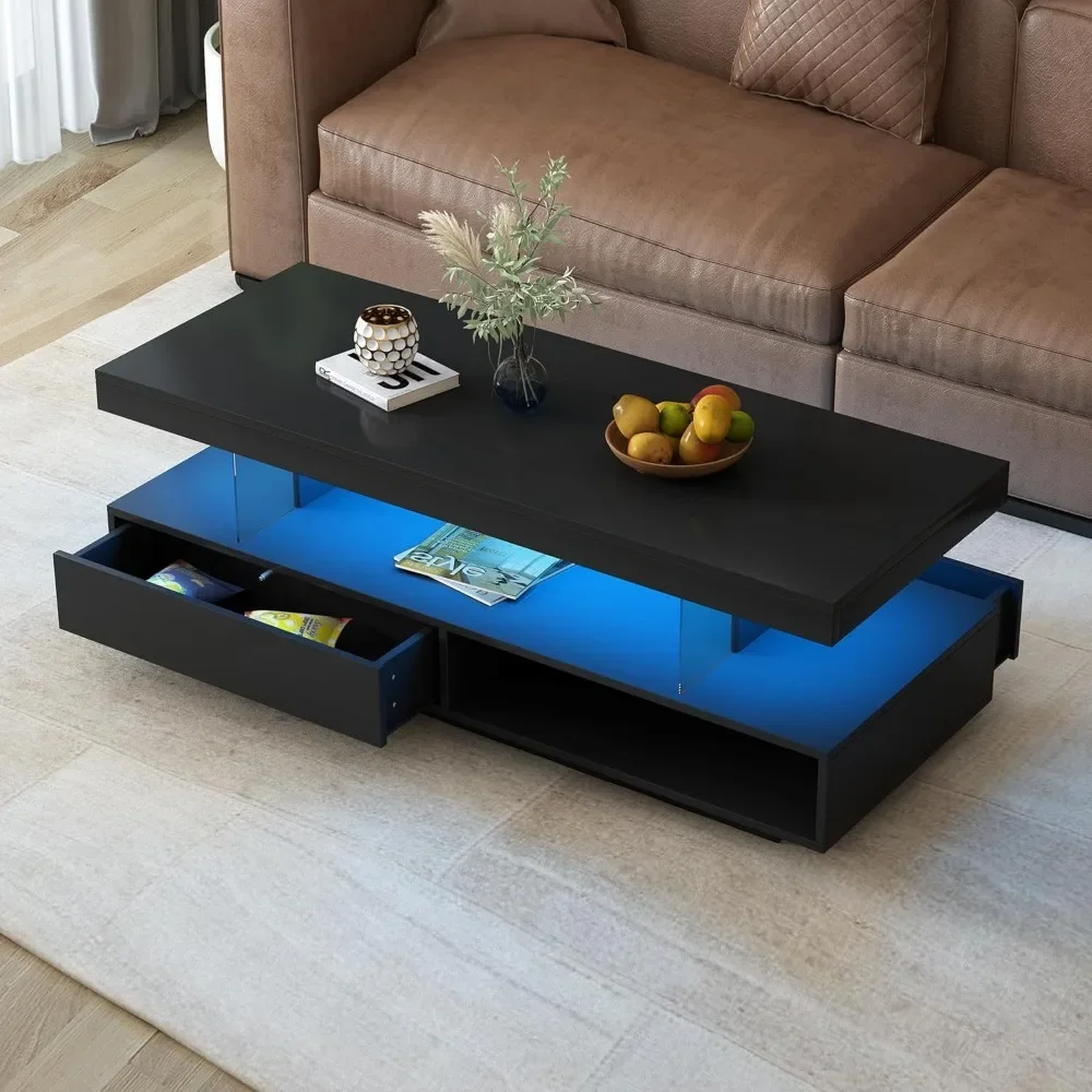 High Gloss Coffee Table with 16 Colors LED Lights, UV Cocktail Table with 2 Drawers and Display Shelf, Modern Center Table for L