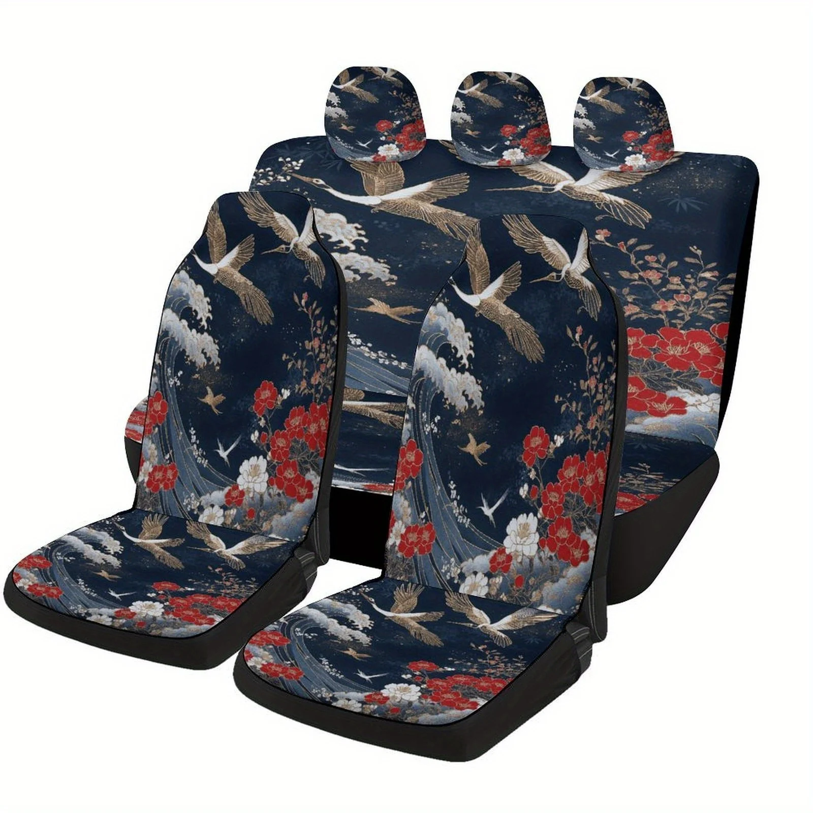 Cranes Blossoms Waves Designed Car Seat Cover Set For Most Cars, High-quality Comfortable Car Seat Protector Covers Full Set, C