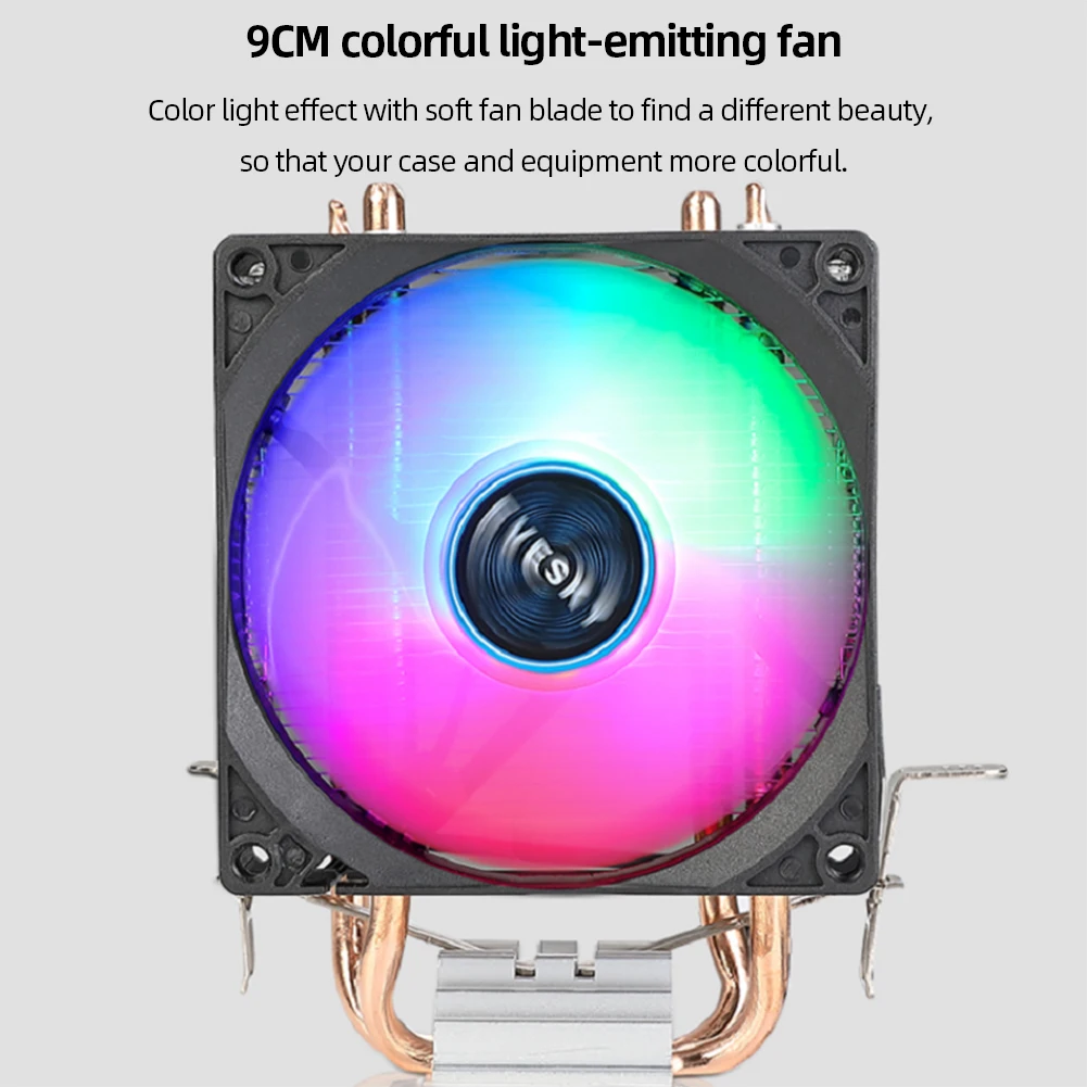 RGB Cooling Fan 2 Heat Pipe 9cm CPU Cooling Fan Hydraulic Bearings Colorful Light Effect Mute Computer Accessories for INTEL AMD