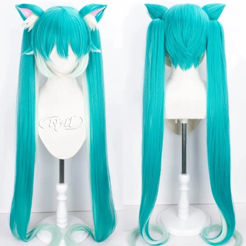 DY2025ND Hatsune Miku Pelucas de cosplay V Singer Cosplay Aqua Green Pelucas de pelo de cola de caballo doble con orejas para Comic Con Coser Navidad P