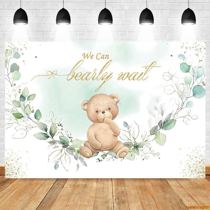 Cartoon Cute Bear Backdrop Hot Air Balloon Moon We Can Bearly Wait Girl Boy Birthday Party Baby Shower Photography Background