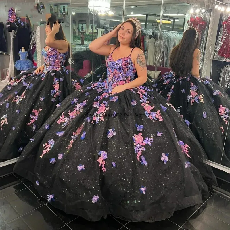 Angelsbridep Black Sequin Quinceanera Dresses 3D Hand Floral Lace Applique Spaghetti Straps Beading Sweet 16 Dress Customized