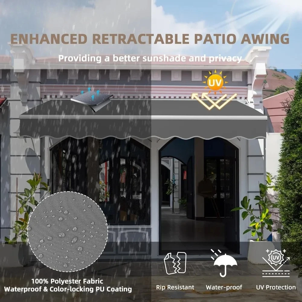 10' x 8' Manual Retractable Awnings, Patio Awning Sunshade Shelter Cover with Crank Handle, 280g/m2 UV ,Custom