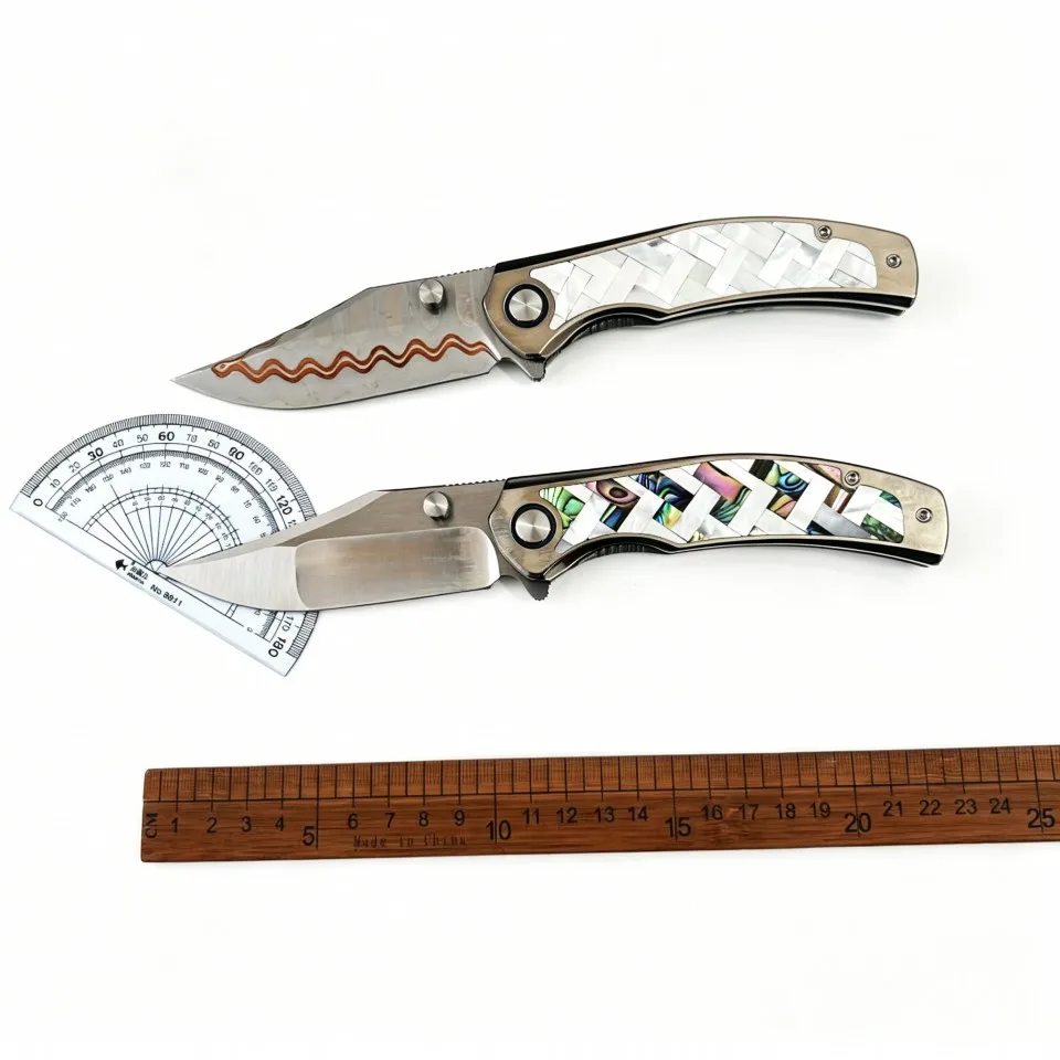 Folding Pocket Knife M390 Copper Damascus TC4 Titanium Shell Handle Ball Bearings EDC Outdoor Camping Cutting Tool