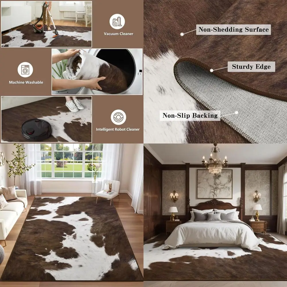 

Washable Area Rugs for Living Room, 5x7 Large Soft Bedroom Rugs, Cowhide Print Non-Slip Animal Rug, Stain Resistant Throw Carpet