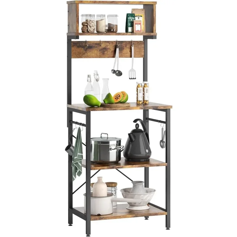 Kitchen Baker's Rack Microwave Oven Stand Kitchen Shelf with Hutch 8 Side Hooks Coffee Station Utility Storage Shelf for Kitche